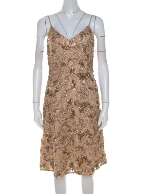 Mikael Aghal Gold Embellished Lace Cocktail Dress