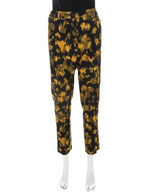 Michael Kors Black and Yellow Ikkat Print Wool Tapered Trousers