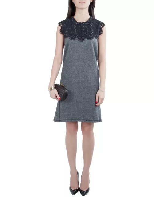 Sea Grey Wool and Lace Neckline Detail Sleeveless Dress