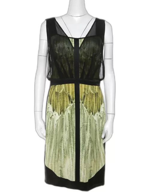 Narciso Rodriguez Green Satin and Black Mesh Overlay Sleeveless Dress