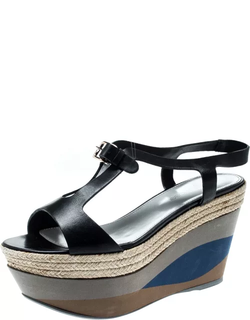 Sergio Rossi Black Leather Ankle Strap Wedge Sandal
