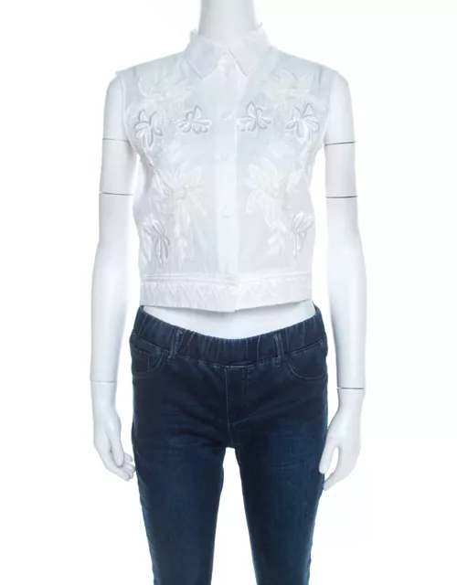 Alberta Ferretti Off White Floral Embroidered Sheer Cotton Sleeveless Crop Shirt