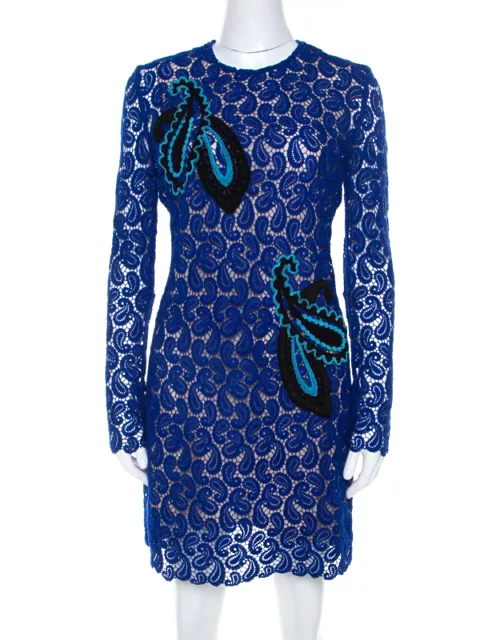Mary Katrantzou Cobalt Blue Paisley Macrame Lace Overlay Geri Shift Dress