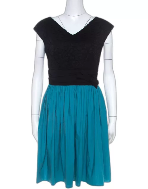 Paule Ka Bicolor Cotton Lace Bodice Ruched Waist Sleeveless Dress
