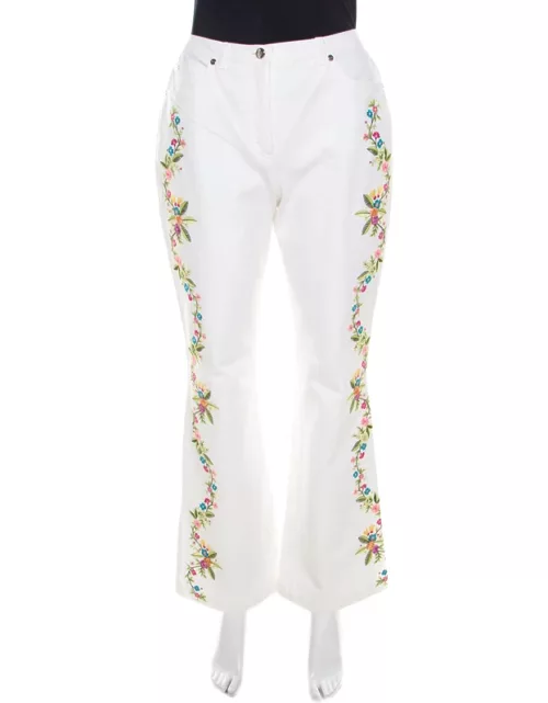 Escada White Cotton Stretch Denim Floral Embroidered Detail Flared Trousers
