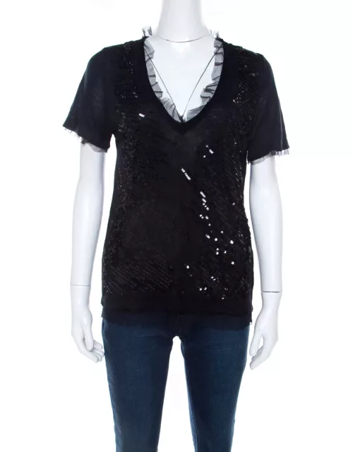 RED Valentino Black Knit Sequined Lace Trim V Neck Top