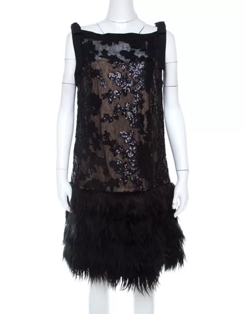 Tadashi Shoji Black Sequined Drop Waist Feather Dress