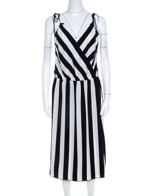 Marc Jacobs Monochrome Striped Crepe Faux Wrap Midi Dress