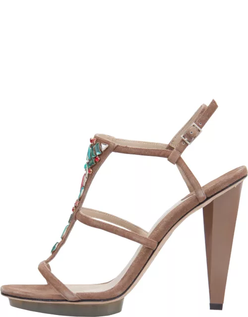 Brian Atwood Brown Suede Donasa Crystal T Strap Sandal