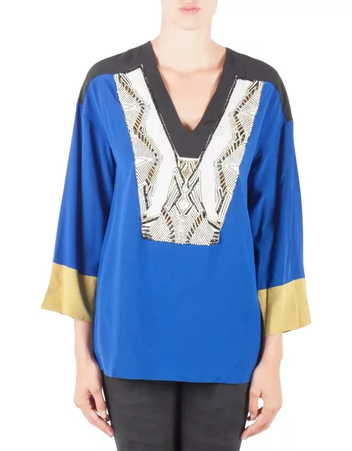 Etro Colorblock Silk Embellished Yoke Long Sleeve Tunic