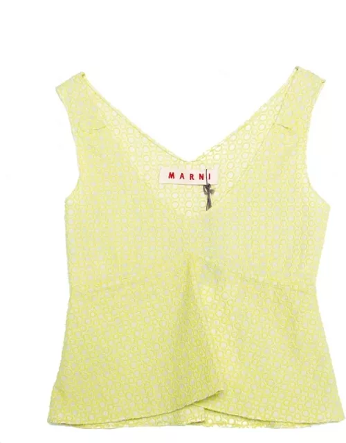 Marni Cream and Lime Green Embroidered Cotton Sleeveless Peplum Crop Top