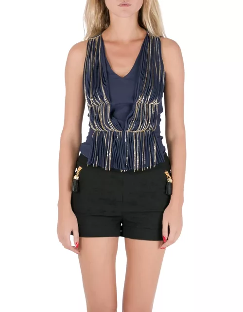 Philosophy Blue Silk Gathered Pleat Front Metal Chain Detail Sleeveless Top