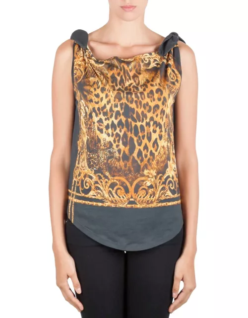 Balmain Green and Gold Leopard Print Cotton Shoulder Tie Detail Top