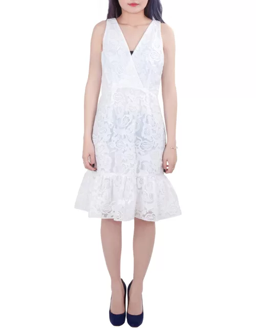 Marchesa Voyage White Floral Embroidered Lace Sleeveless Flounce Hem Dress