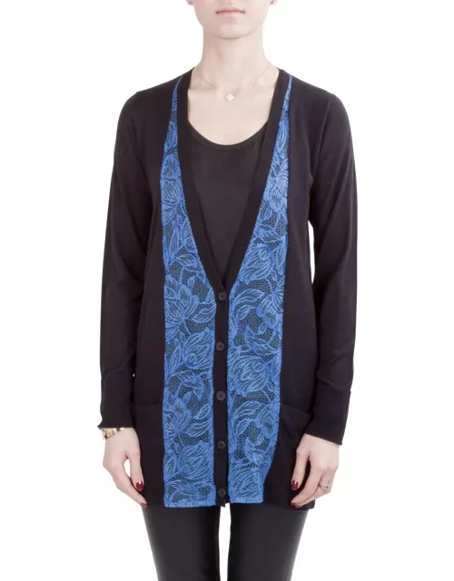 Vera Wang Collection Black and Blue Lace Trim Button Front Cardigan