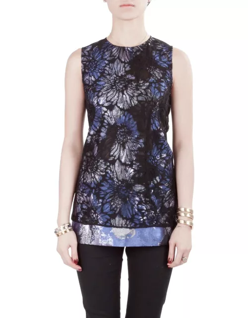 Vera Wang Collection Multicolor Lurex Jacquard Floral Lace Overlay Sleeveless Top