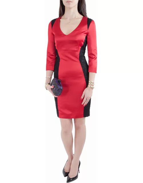 Just Cavalli Dark Red Stretch Satin Contrast Lace Paneled V Neck Sheath Dress