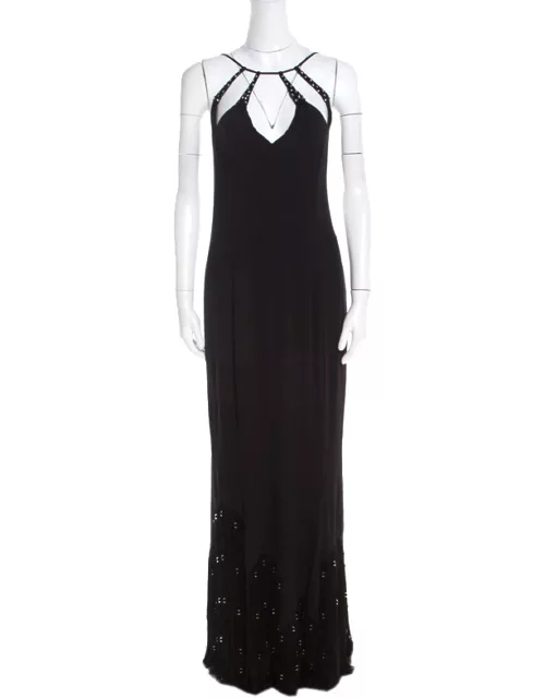 Escada Black Crepe Silk Sequin Embellished Fringed Hem Evening Dress