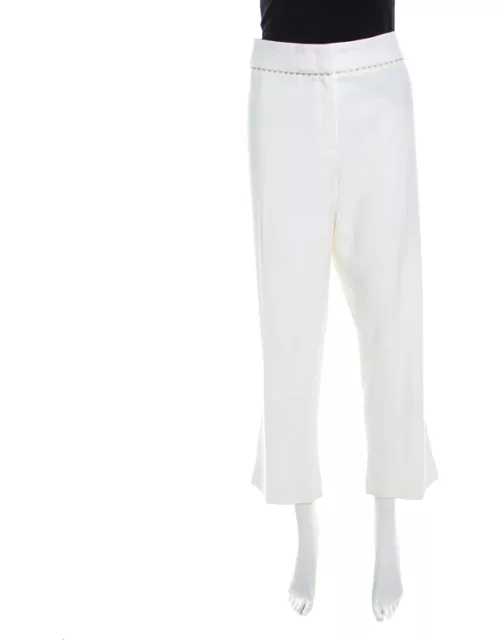 Escada White Stretch Cotton Embellished Waist Detail Cropped Tonikka Pants