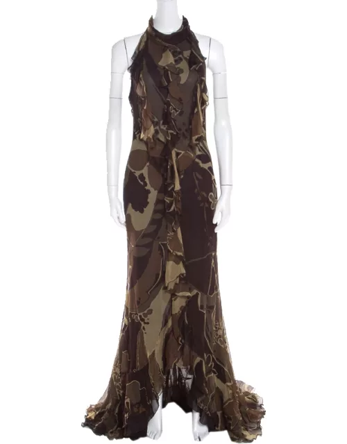 Escada Green and Brown Fauna Print Plisse Silk Ruffled Halter Maxi Dress