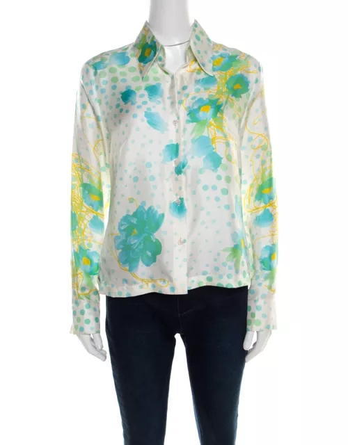 Escada Cream Floral Print Silk Twill Button Front Shirt