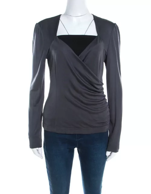 Escada Grey Silk Knit Ruched Crossover Front Long Sleeve Top
