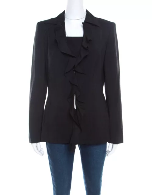 Escada Black Wool Crepe Ruffled Front Buttoned Jacket