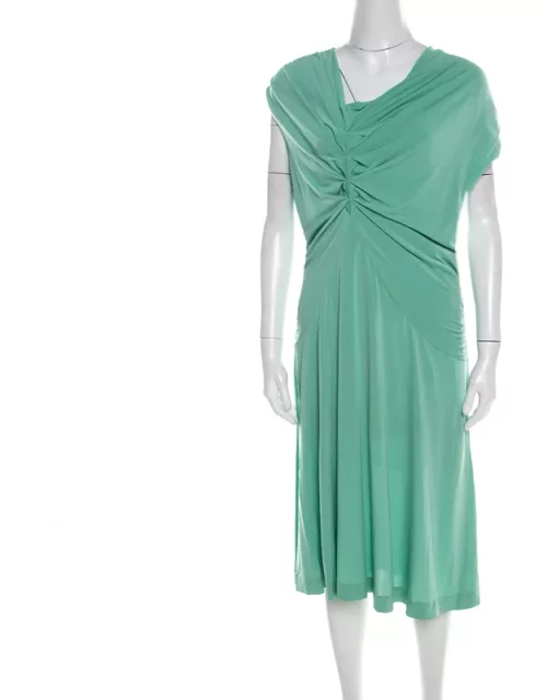Escada Aqua Green Knit Ruched Draped Front Sleeveless Dress