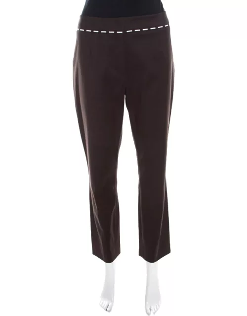 Escada Mocca Brown Stretch Cotton Embroidered Waist Detail Cropped Pants