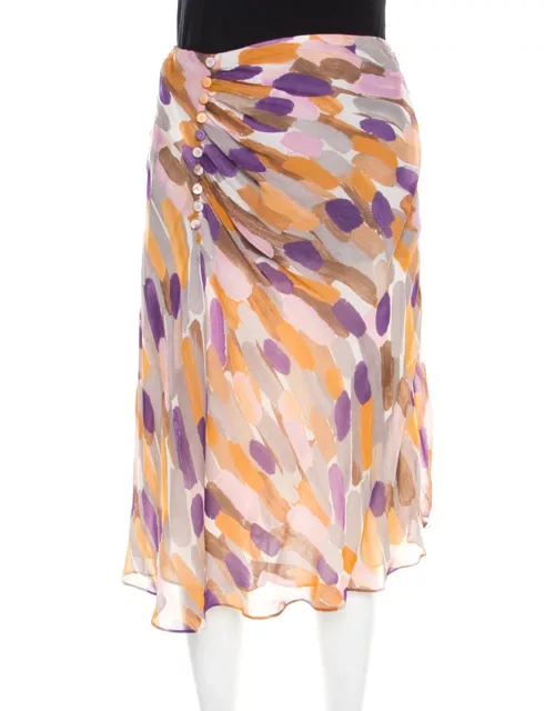 Escada Multicolor Brushstroke Print Silk Ruched Front Flared Skirt