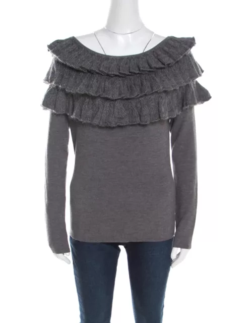Escada Grey Wool and Mohair Ruffled Bodice Detail Long Sleeve Sweater