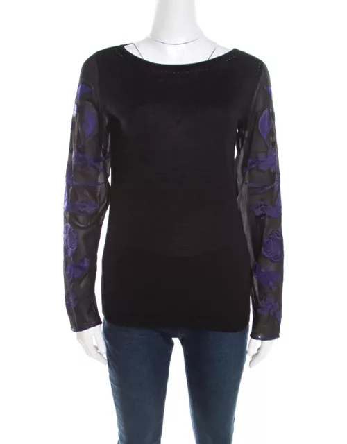 Escada Black Silk Wool Knit Floral Embroidered Long Sleeve Top