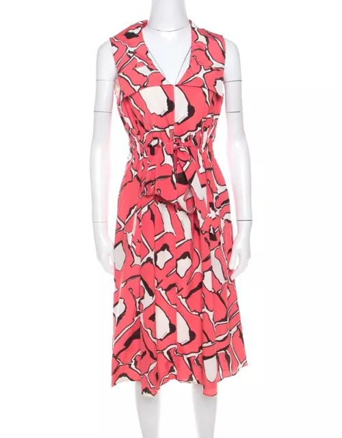 Escada Pink and White Abstract Print Silk Sleeveless Tie Up Dress