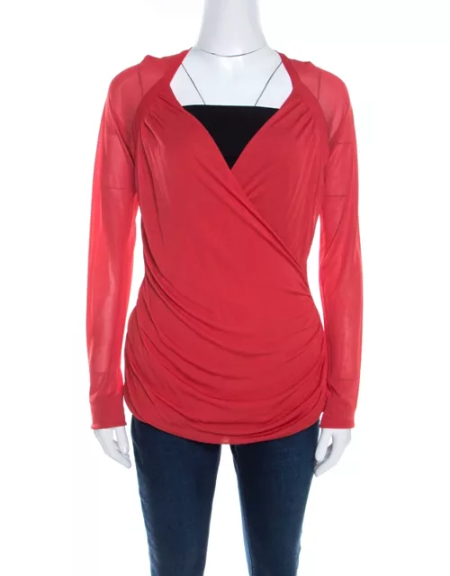 Escada Red Knit Ruched Crossover Front Long Sleeve Top