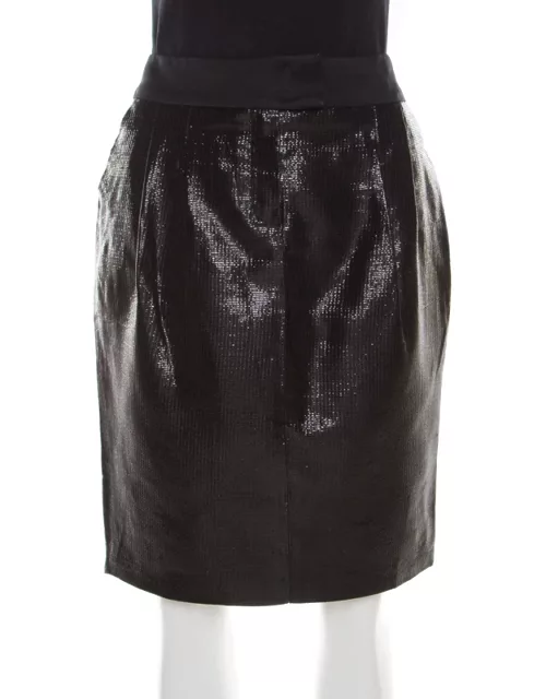 Escada Metallic Black Satin Trim Tailored Skirt