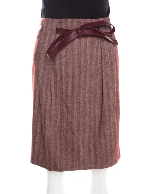 Escada Burgundy Herringbone Wool and Silk Knotted Leather Belt Detail Skirt