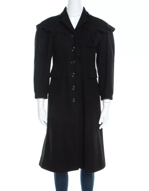 Moschino Black Wool Ruffled Trim Rosette Applique Button Front Long Coat