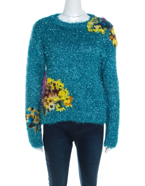 Dolce & Gabbana Metallic Blue Tinsel Rib Knit Floral Applique Sweater