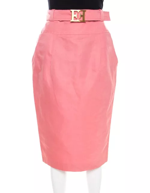 Escada Pink Slub Linen and Silk Logo Belt Detail High Waist Skirt