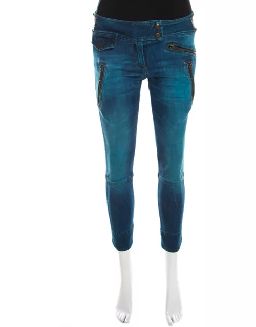 Just Cavalli Indigo Pigment Overdyed Denim Zipper Detail Tapered Jeans