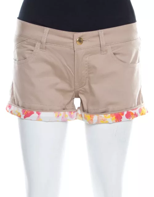 Just Cavalli Beige Stretch Cotton Contrast Cuff Detail Mini Shorts