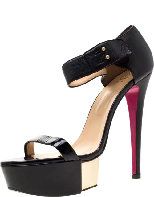 Versace Black Patent Leather And Leather Ankle Strap Platform Sandal
