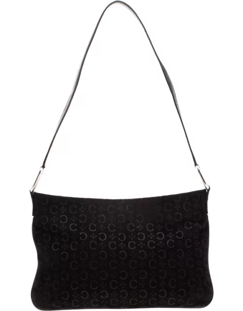 Celine Black C Logo Embossed Suede and Leather Shoulder Bag