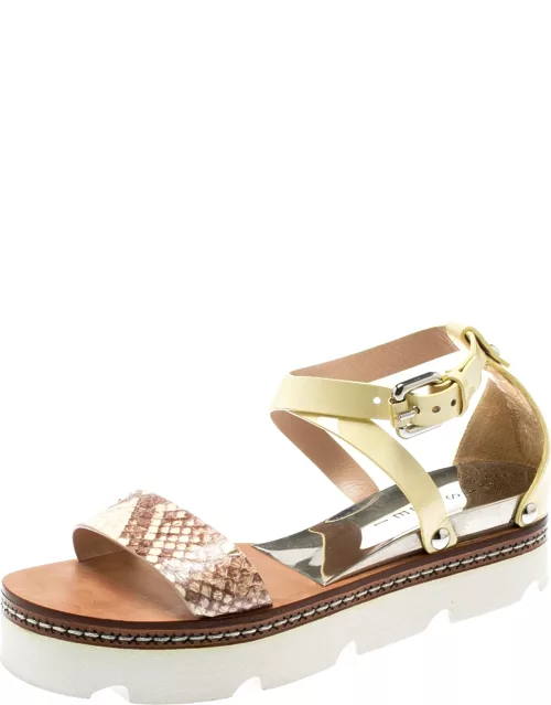Casadei Yellow Patent Leather And Two Tone Python Embossed Leather Cross Strap Platform Sandal