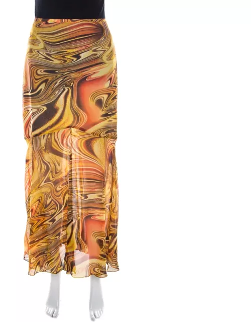 Escada Silk Chiffon Yellow Abstract Print Sheer Hem Skirt