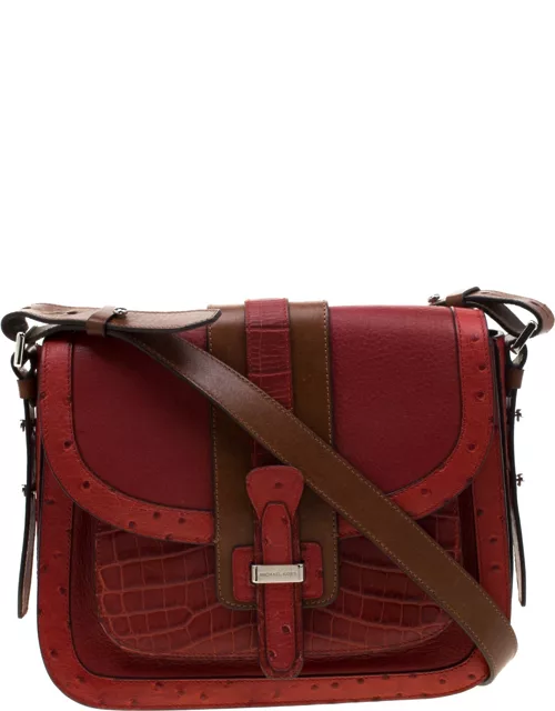 Michael Kors Red/Tan Croc/Ostrich Embossed Leather Gia Saddle Bag