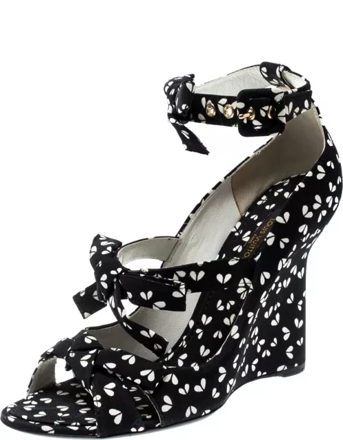 Louis Vuitton Black Printed Fabric Bow Ankle Strap Wedges Sandal