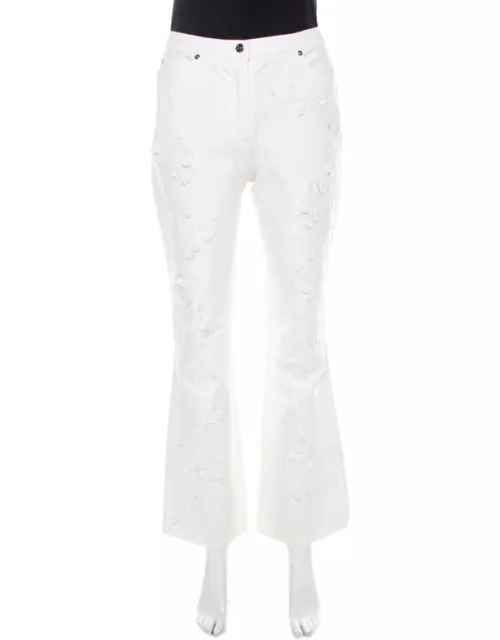 Escada White Cotton Twill Denim Sequined Rosette Applique Flared Jeans
