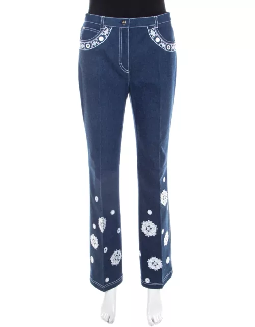 Escada Dark Blue Cotton Stretch Denim Embroidered Floral Motif Flared Jeans
