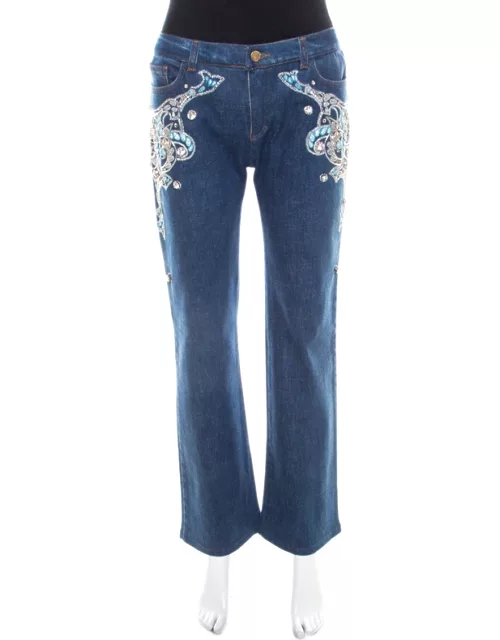 Roberto Cavalli Blue Crystal Embellished Denim Wide Leg Jeans